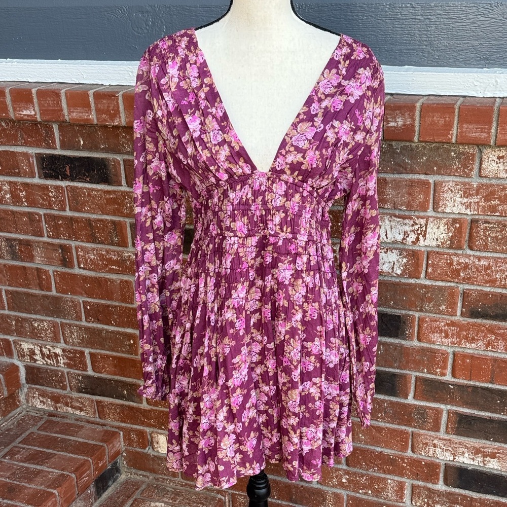 Free People Keep You Mini Dress Pink Purple Floral Smocked V-Neck Size Small NWT